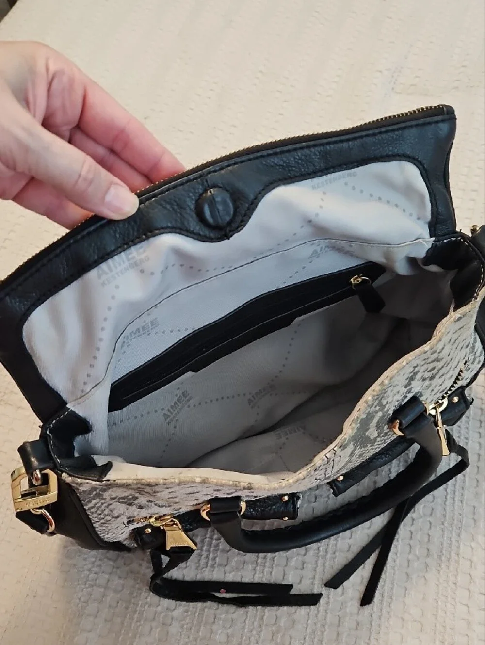 Aimee Kestenberg Black and Gray Snake-Print Satchel with Gold Hardware